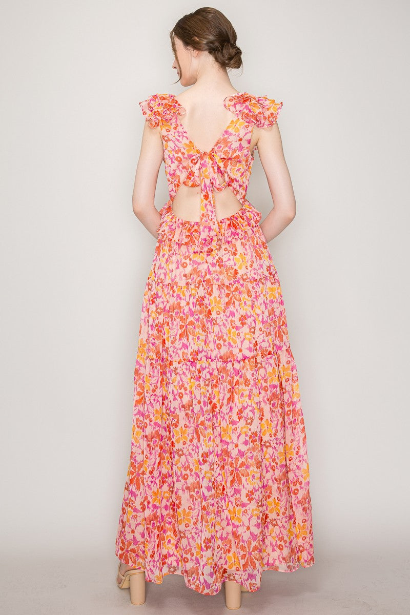 Pink Blossom Flutter Sleeve Maxi Dress