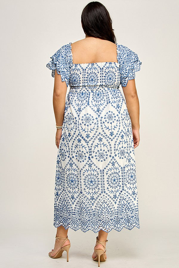 Plus Size Embroidered Smock Midi Dress