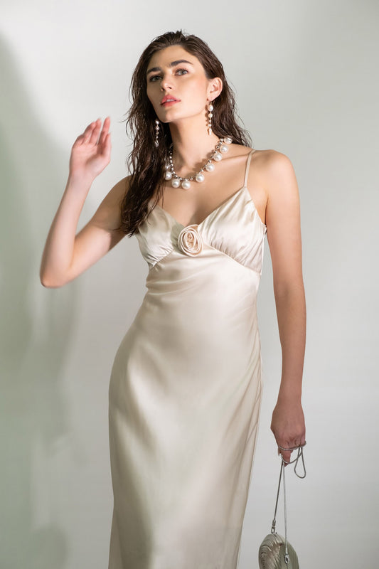 Rosette Satin Glamour Maxi Dress