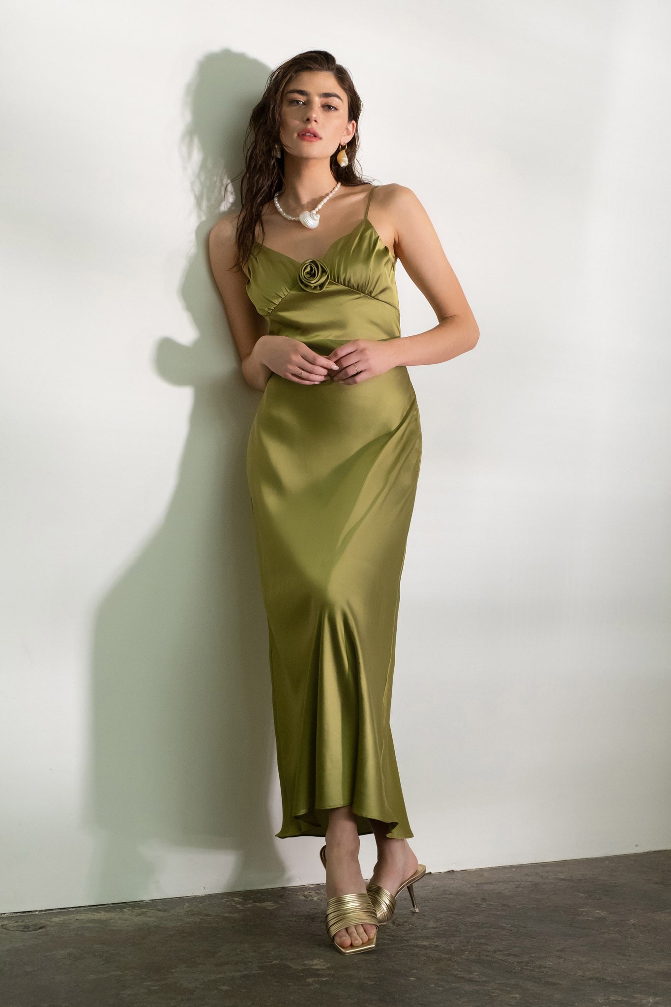 Rosette Satin Glamour Maxi Dress