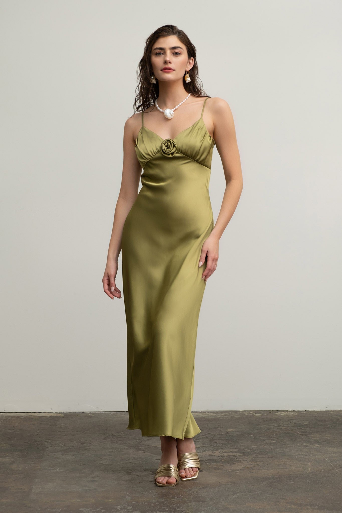 Rosette Satin Glamour Maxi Dress