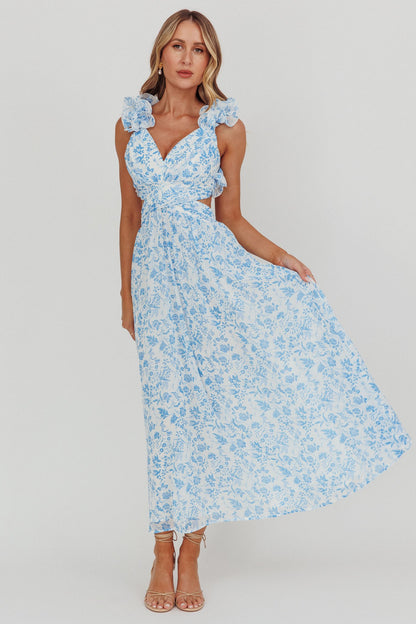 Sapphire Breeze Ruffle Strap Maxi Dress with v-neckline, criss-cross back tie, and flowy skirt in blue.