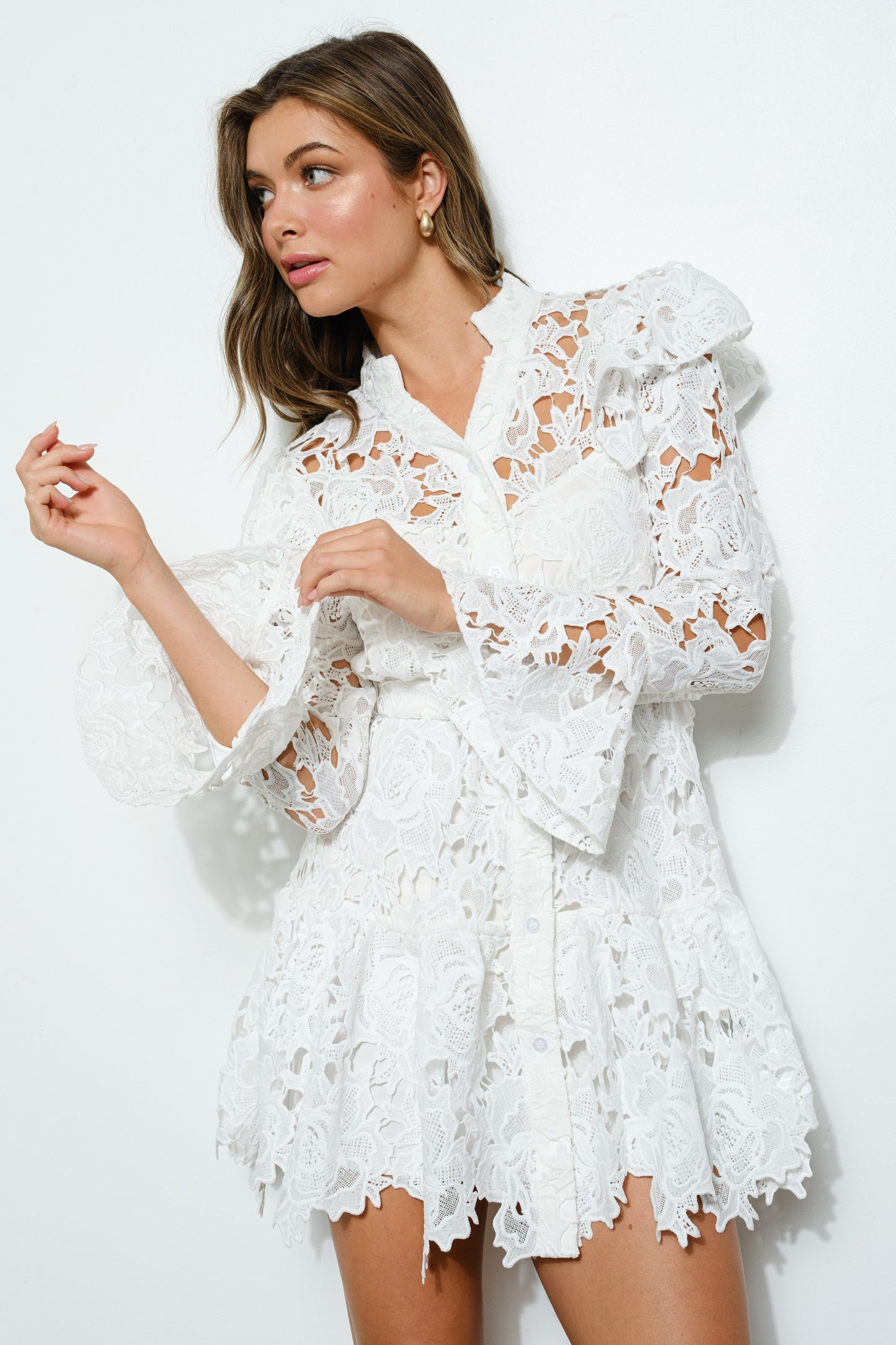 White Butterfly Lace High Collar Dress