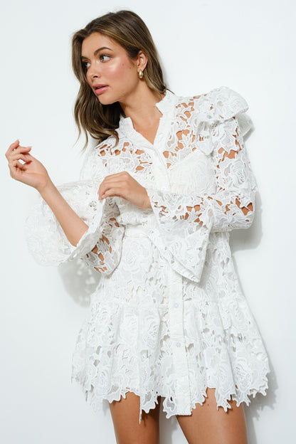 White Butterfly Lace High Collar Dress