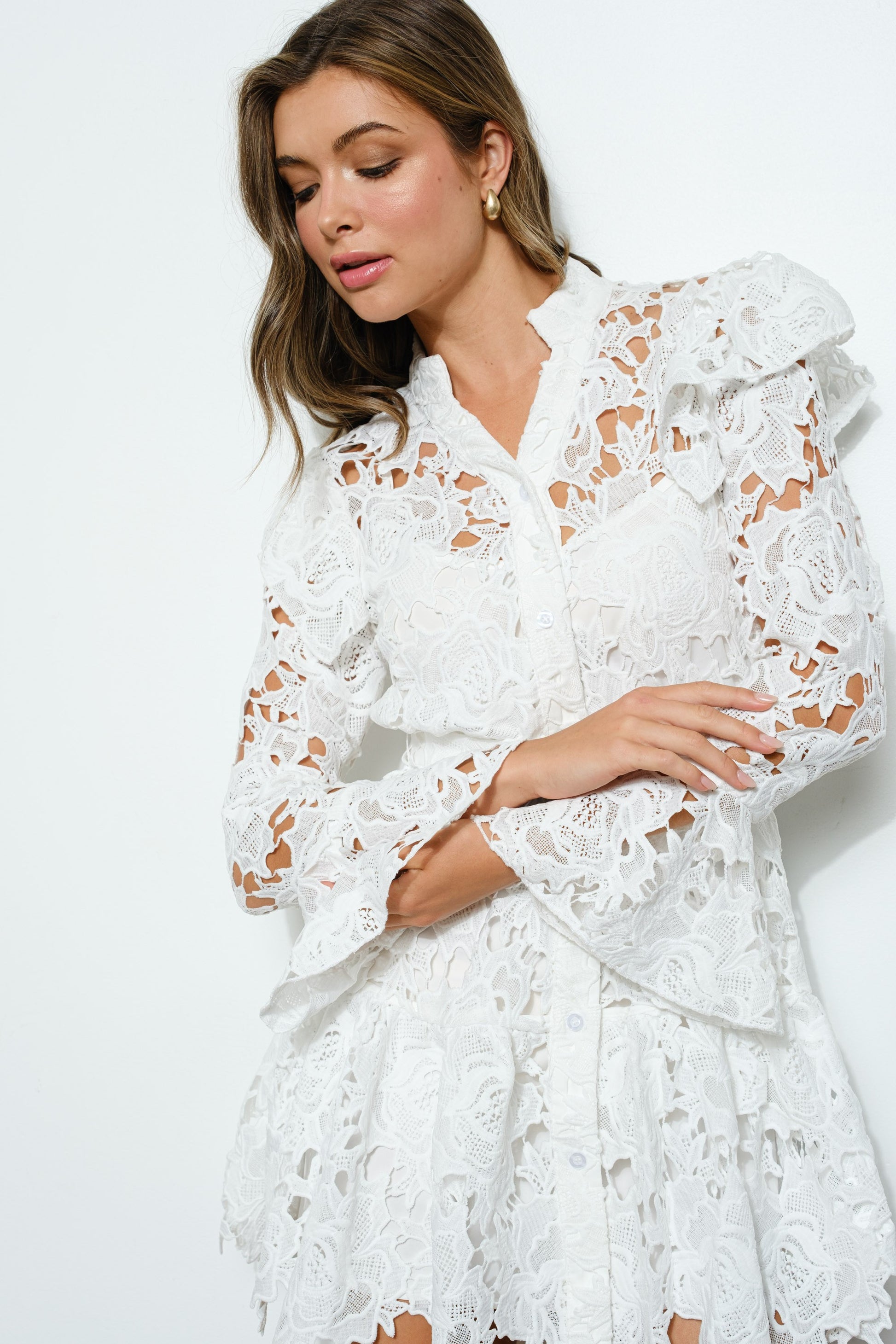 White Butterfly Lace High Collar Dress