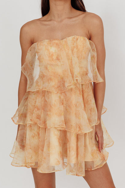 Amber Glow Chiffon Mini Dress with tiered skirt and open back, perfect for fall parties.