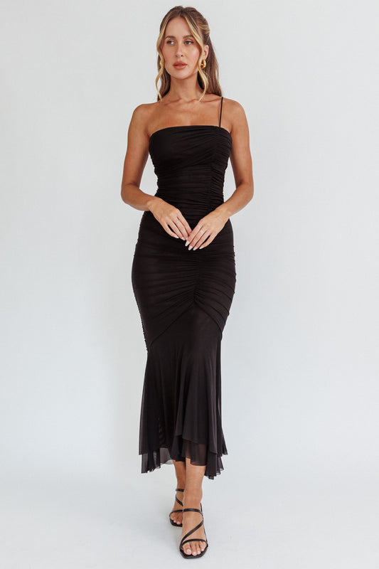 Amelia Noir One Shoulder Knit Ruched Detail Maxi Dress in black color.