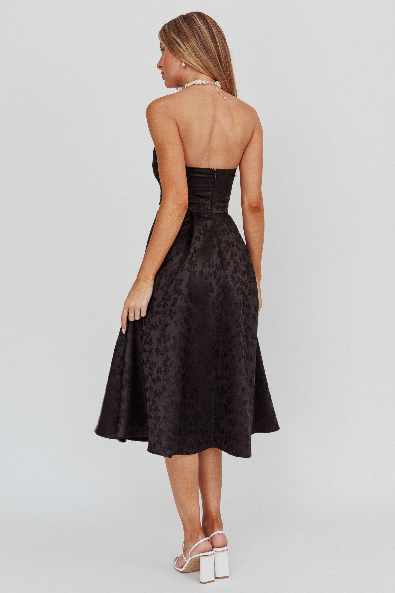 Black Diamond Jacquard Midi Dress in black with floral print and open back, perfect for elegant occasions