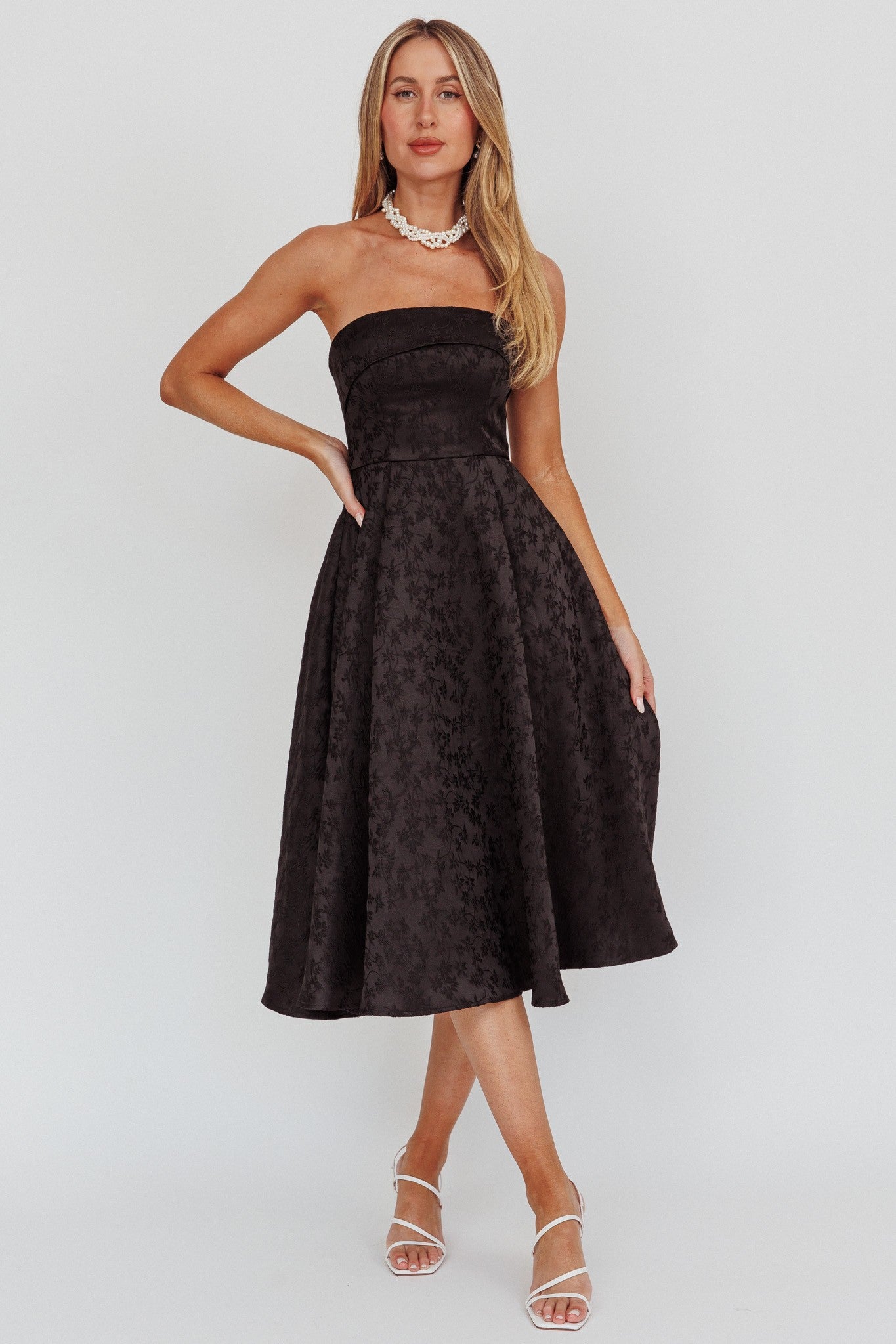 Black Diamond Jacquard Midi Dress in black with floral print and open back, perfect for elegant occasions