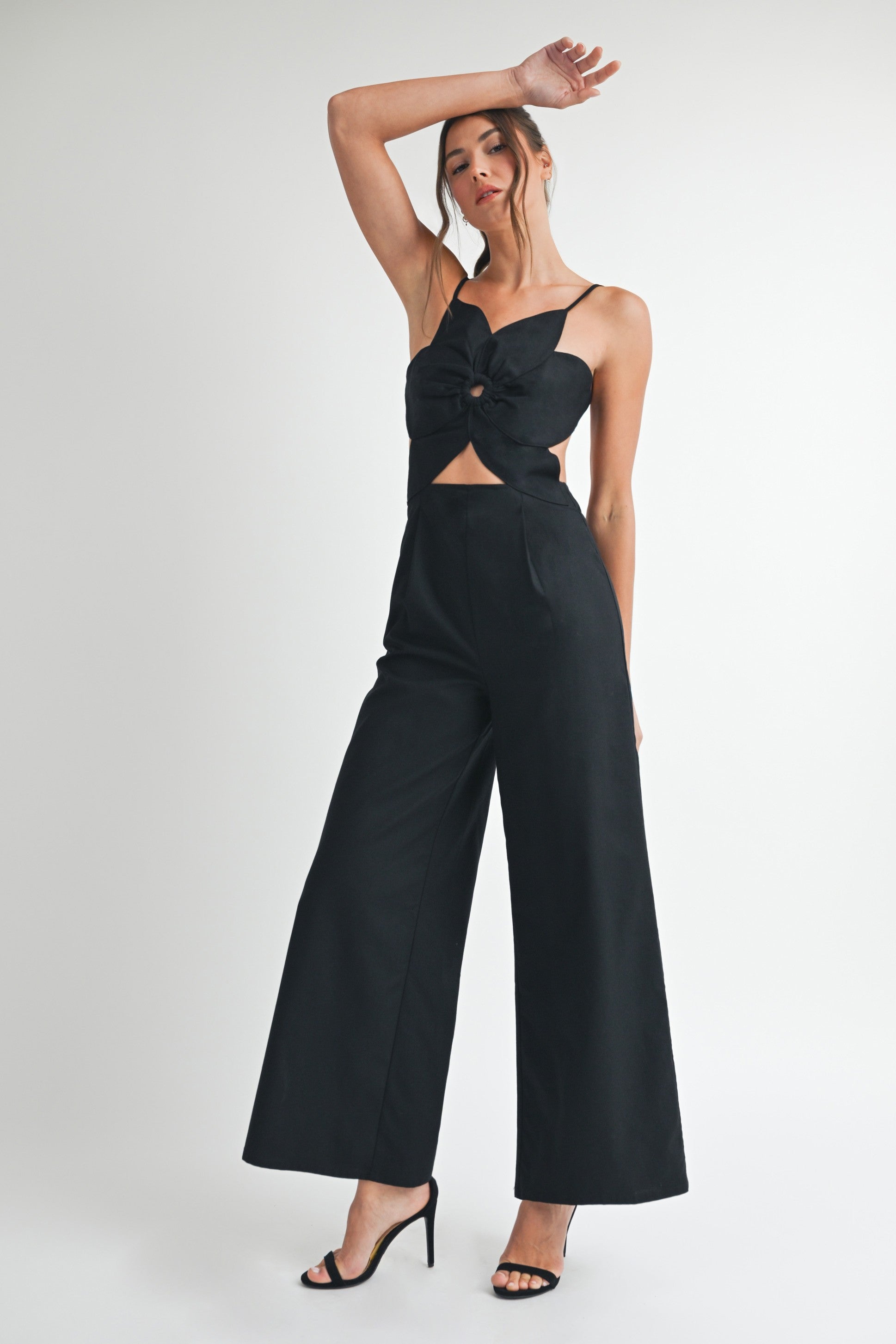 Tropical Floral Cutout Linen Jumpsuit with Pockets and Zipper in Black