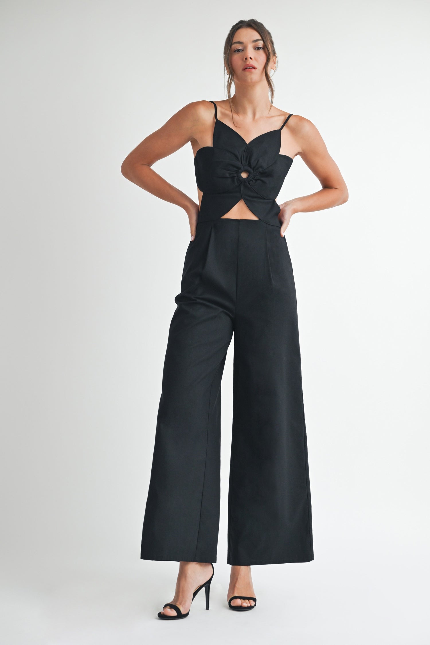 Tropical Floral Cutout Linen Jumpsuit with Pockets and Zipper in Black