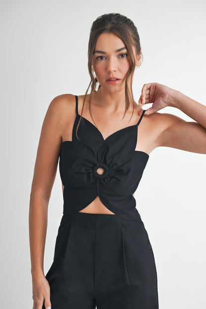 Tropical Floral Cutout Linen Jumpsuit with Pockets and Zipper in Black