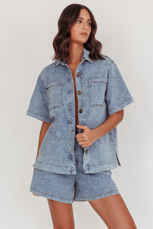 Casual two-piece denim set with top and shorts, perfect for fall outings.