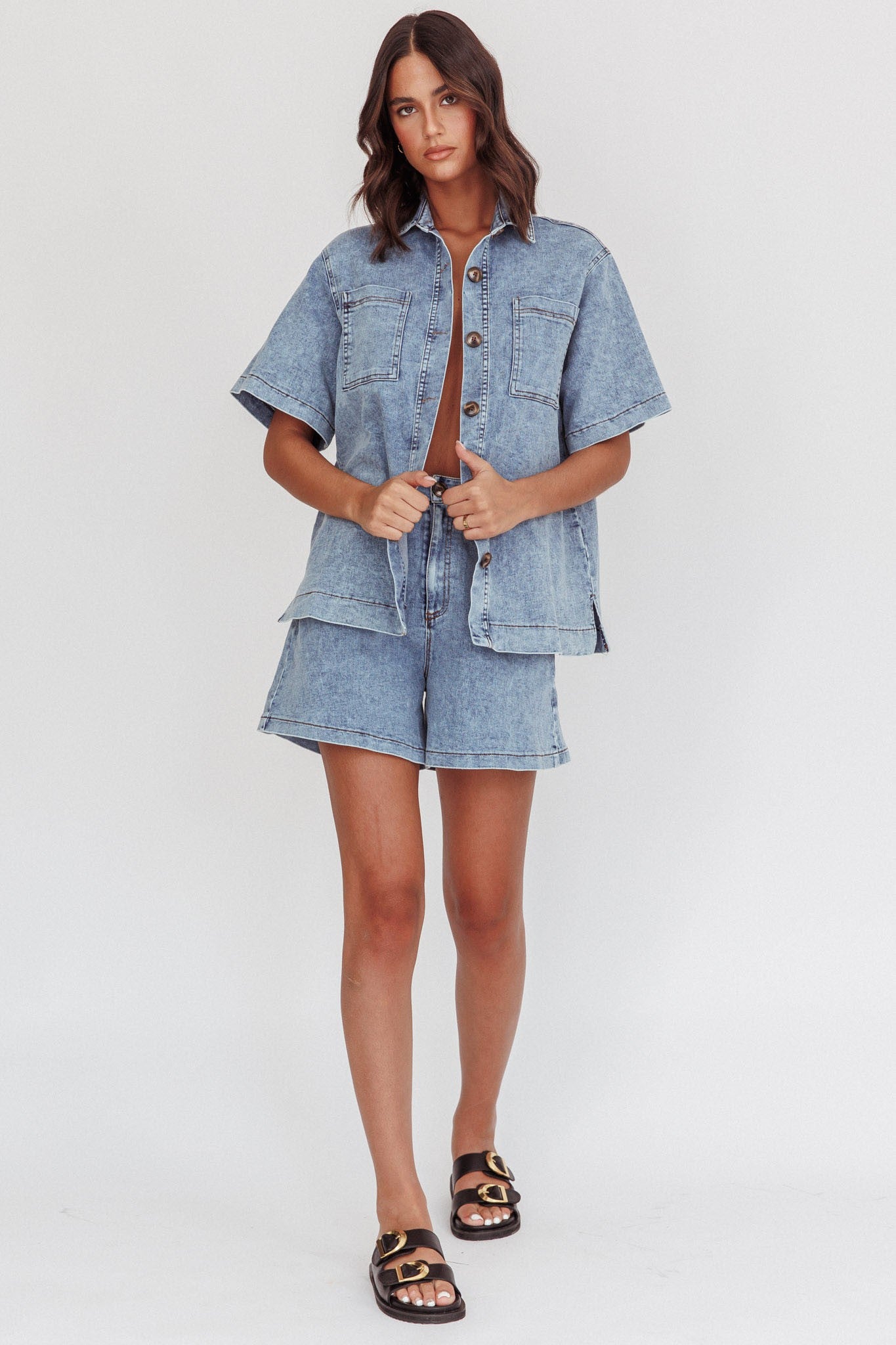 Casual two-piece denim set with top and shorts, perfect for fall outings.