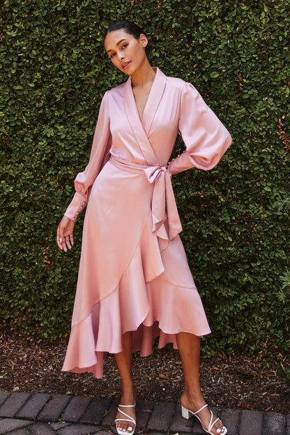 Blush Romance Satin Ruffled Midi Wrap Dress with Balloon Sleeves and Ruffled Hem in Blush