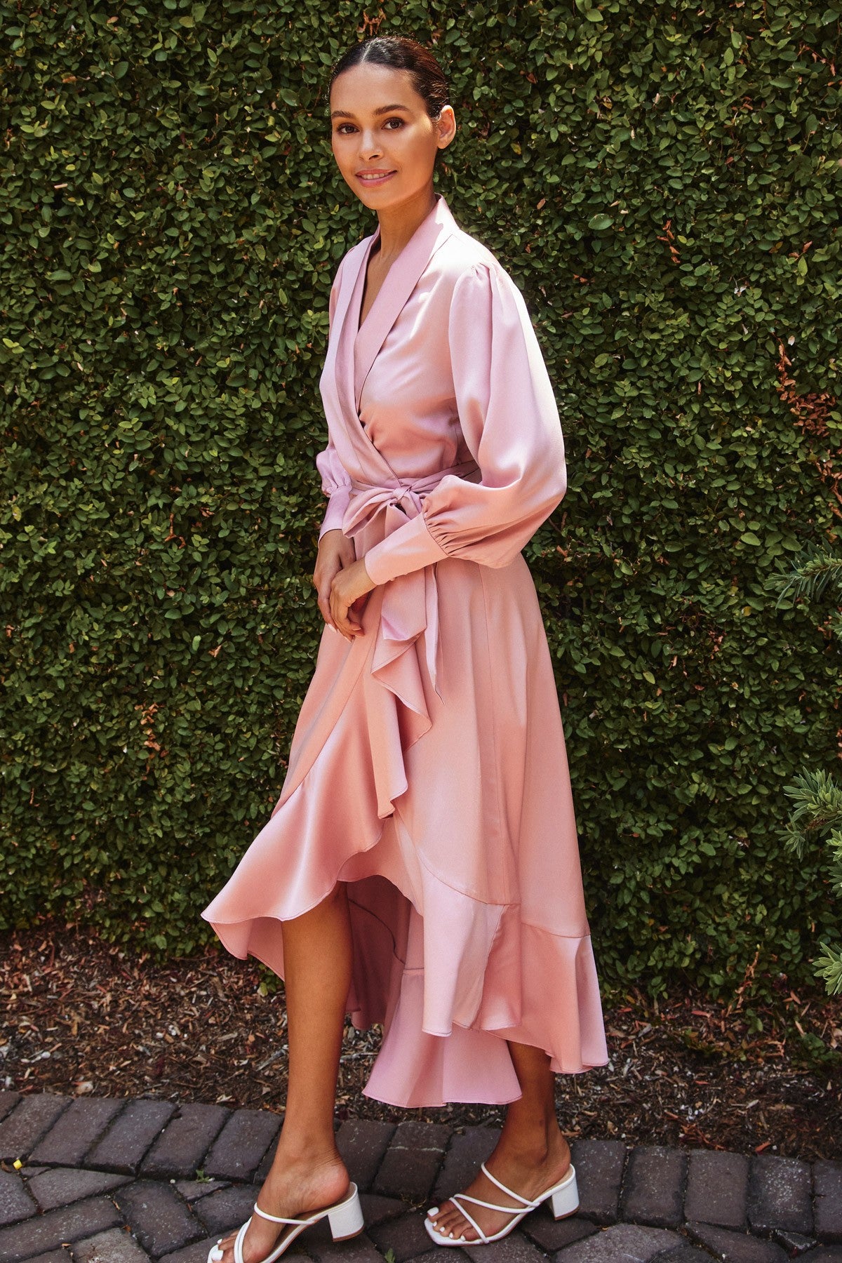 Blush Romance Satin Ruffled Midi Wrap Dress with Balloon Sleeves and Ruffled Hem in Blush