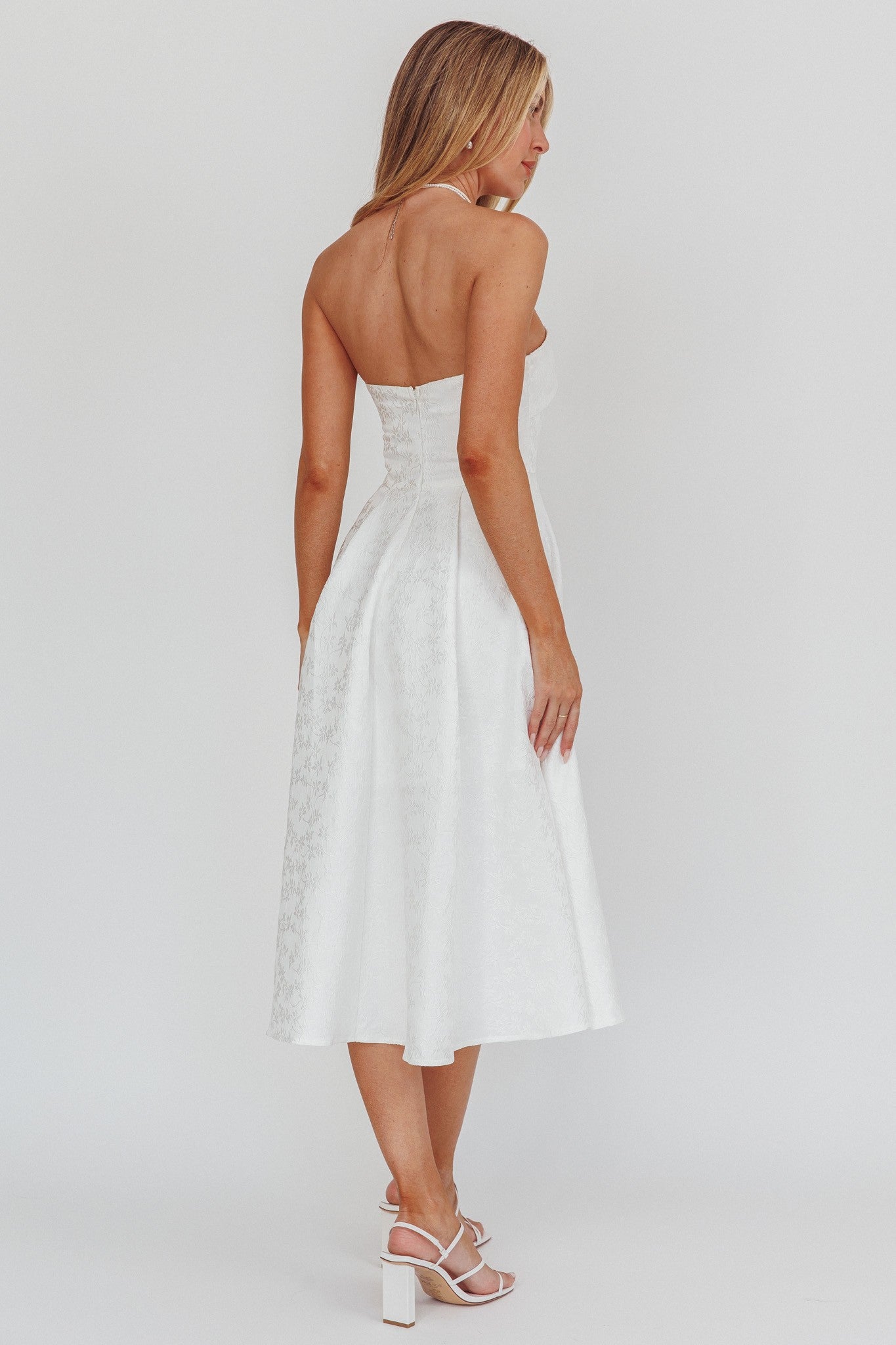 Bride's Bliss Jacquard Midi Dress in white with floral print and open back, ideal for bachelorette parties.