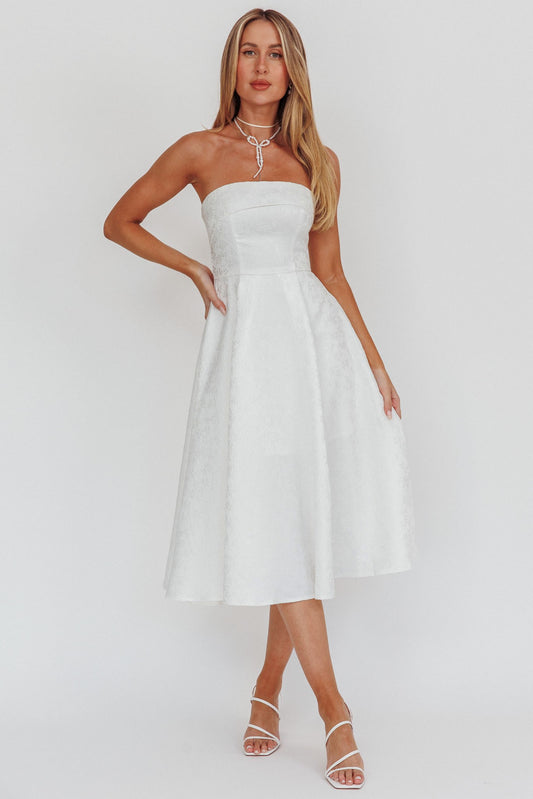 Bride's Bliss Jacquard Midi Dress in white with floral print and open back, ideal for bachelorette parties.