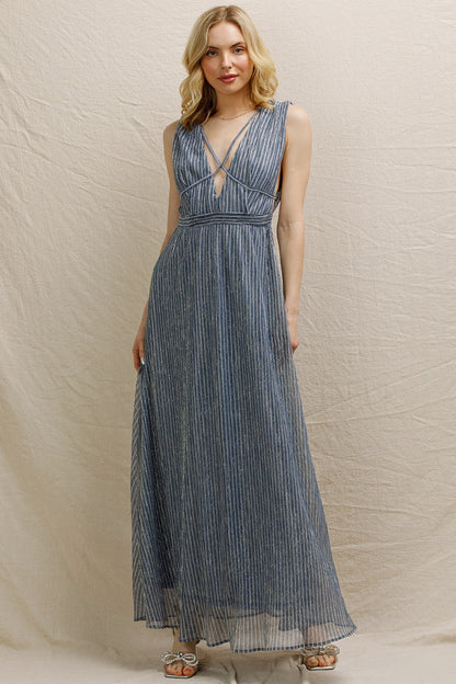 Strappy V-neck shimmery maxi dress in blue-silver, perfect for holiday parties, New Year's Eve, and formal occasions.