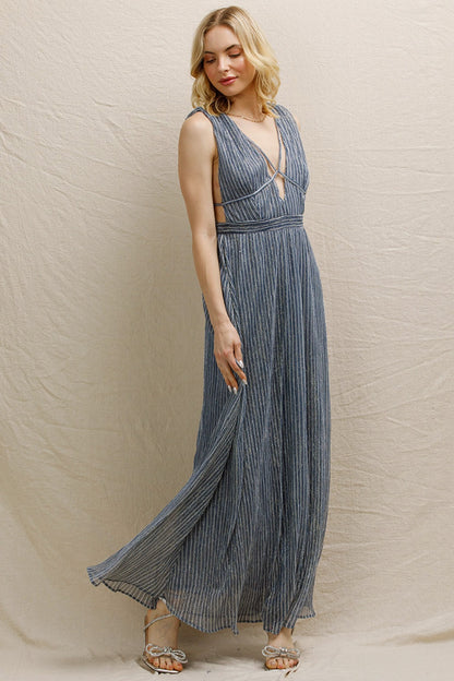 Strappy V-neck shimmery maxi dress in blue-silver, perfect for holiday parties, New Year's Eve, and formal occasions.