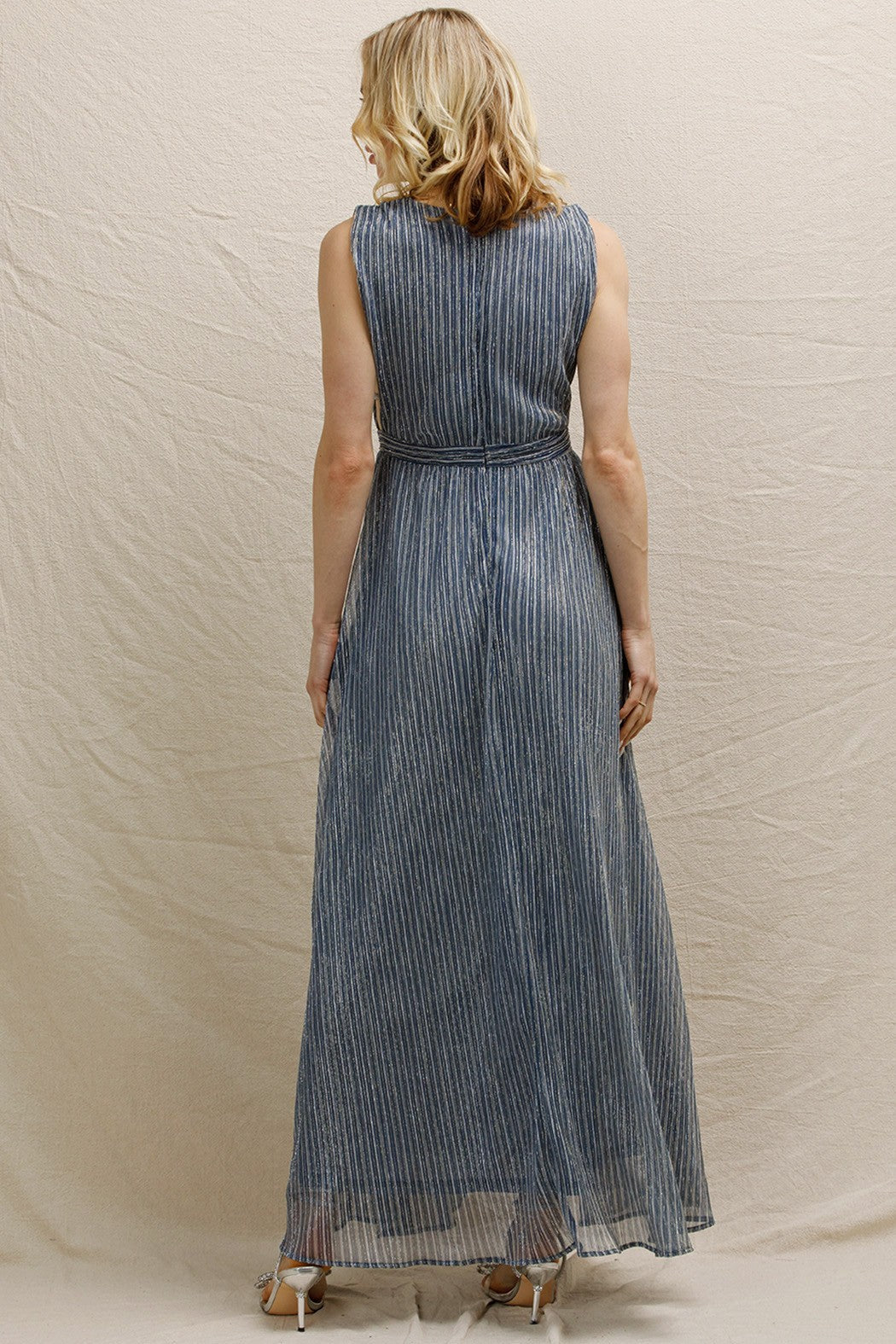 Strappy V-neck shimmery maxi dress in blue-silver, perfect for holiday parties, New Year's Eve, and formal occasions.