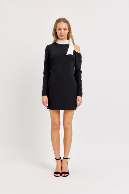 Sleek Asymmetry Mini Dress in black with one-shoulder design and neck tie detail. Perfect for work and after-hours style.