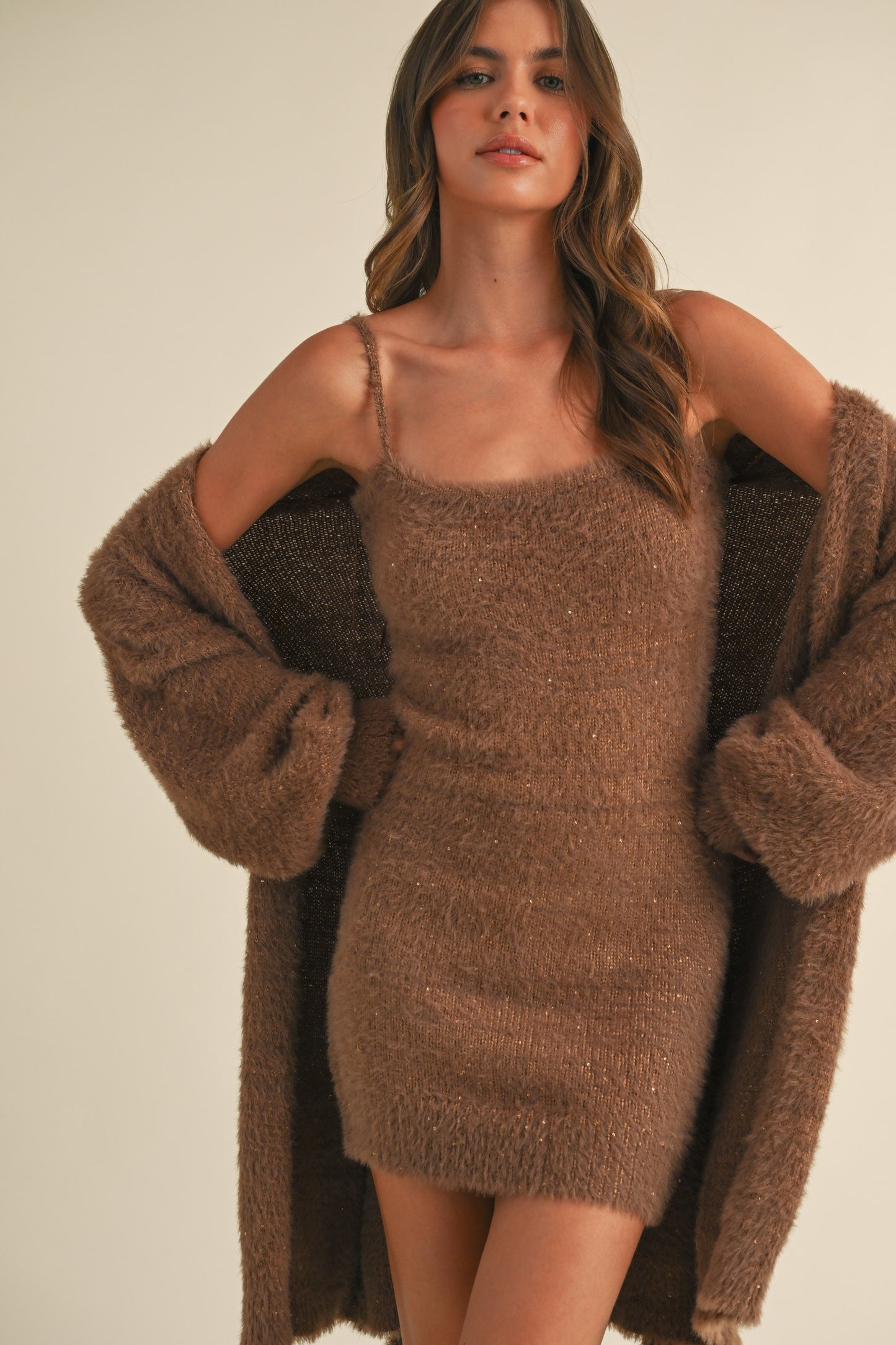 Brown fuzzy tube mini dress and matching cardigan set, perfect for winter casual outfits.