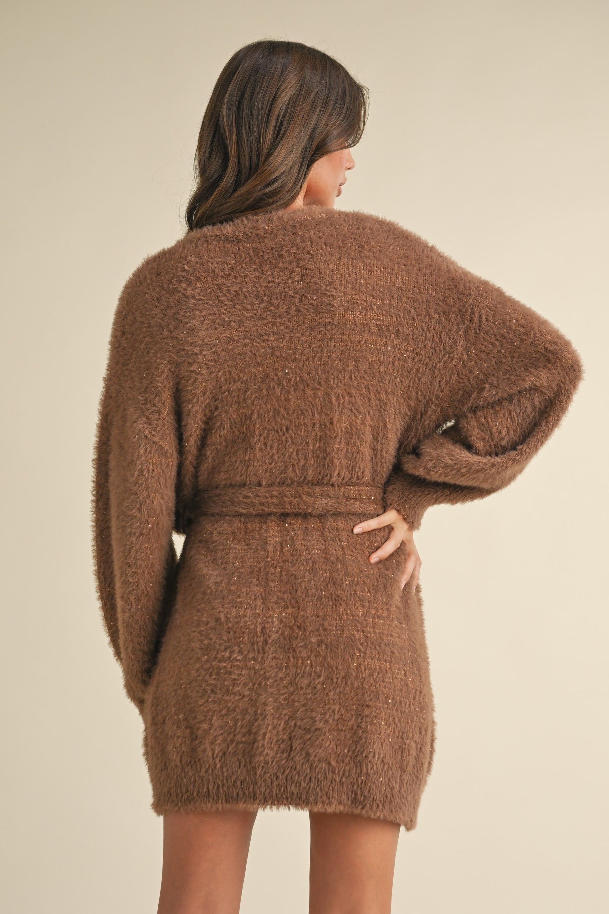 Brown fuzzy tube mini dress and matching cardigan set, perfect for winter casual outfits.