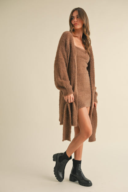 Brown fuzzy tube mini dress and matching cardigan set, perfect for winter casual outfits.