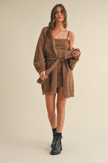 Brown fuzzy tube mini dress and matching cardigan set, perfect for winter casual outfits.