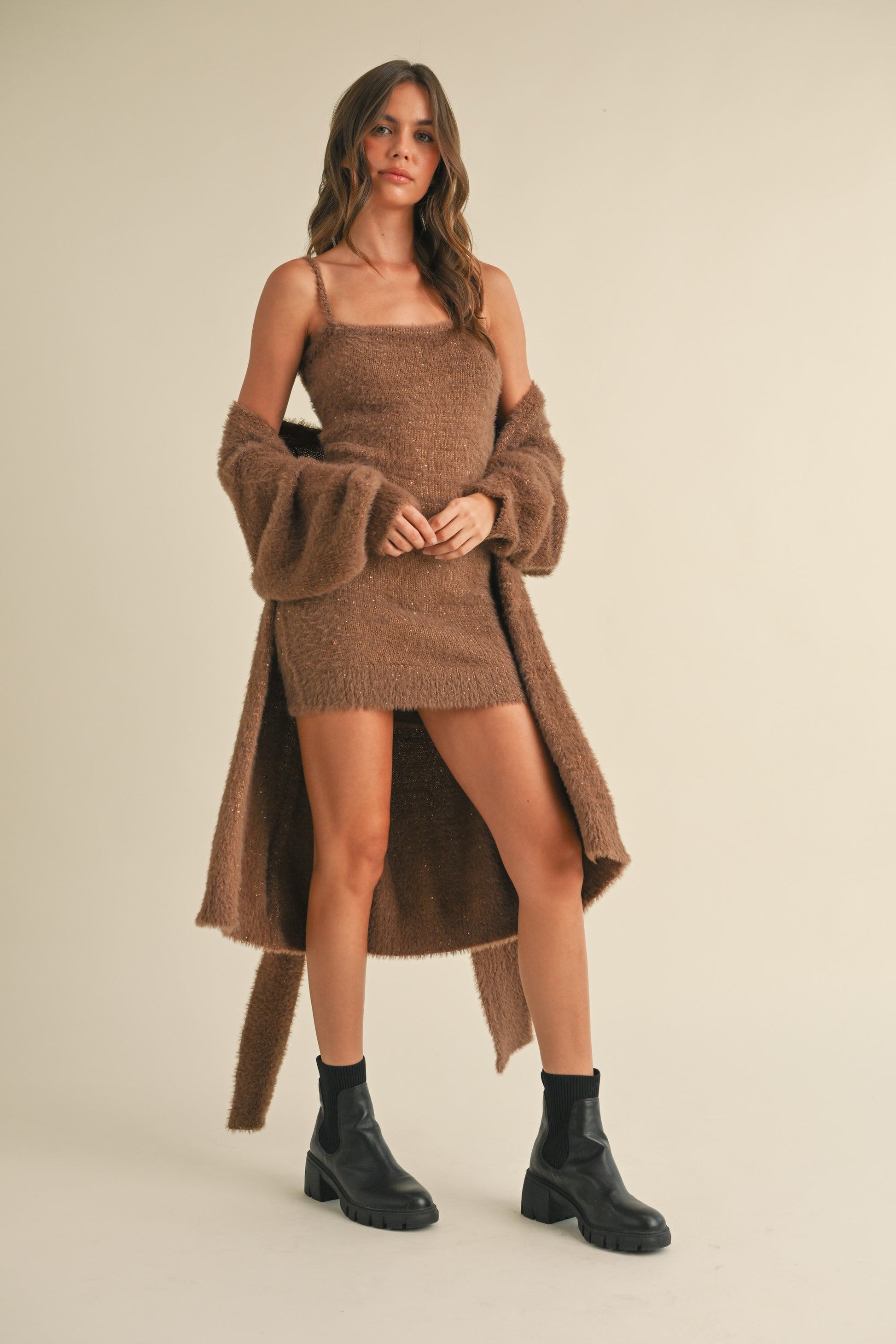 Brown fuzzy tube mini dress and matching cardigan set, perfect for winter casual outfits.