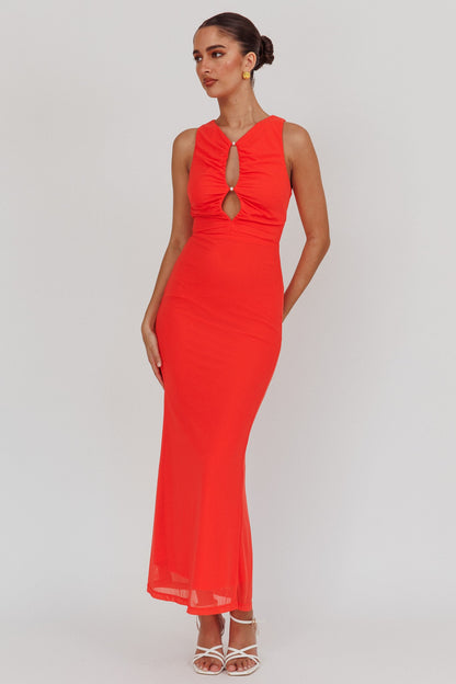 Crimson Desire Pearl Maxi Dress with keyhole bust, pearl detailing, and back zipper.