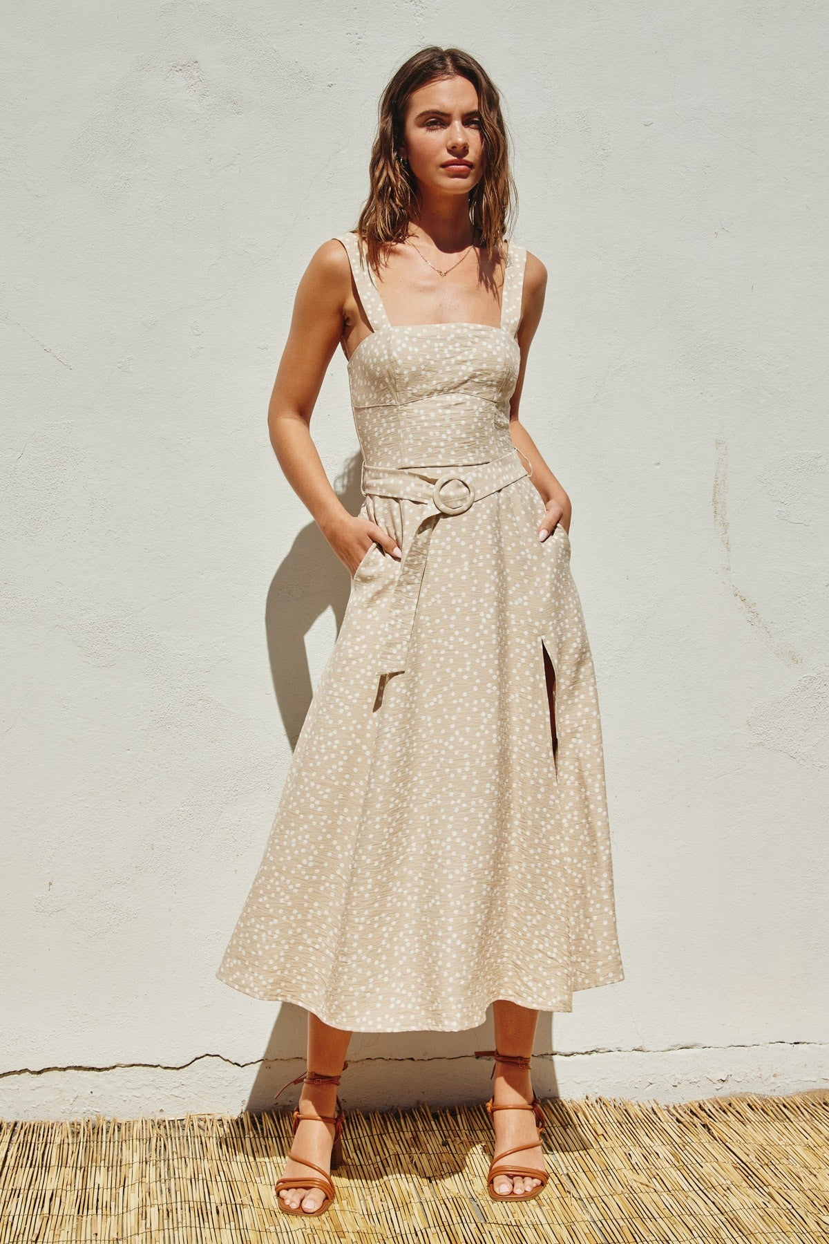 Dottie Polka Dot Circle Buckle Maxi Dress with High Slit and Adjustable Straps in Cream Latte