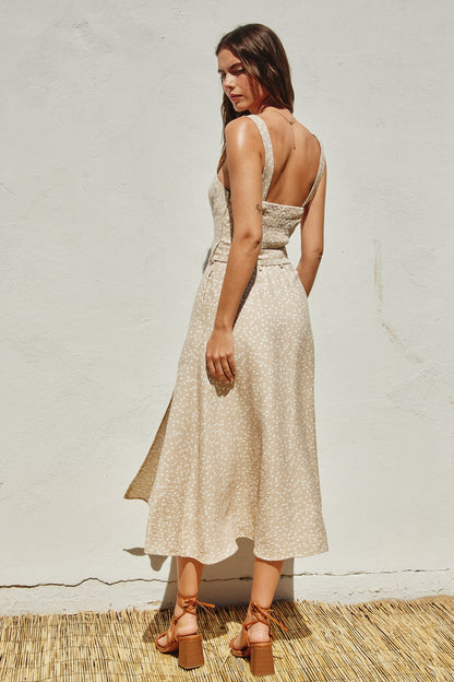 Dottie Polka Dot Circle Buckle Maxi Dress with High Slit and Adjustable Straps in Cream Latte