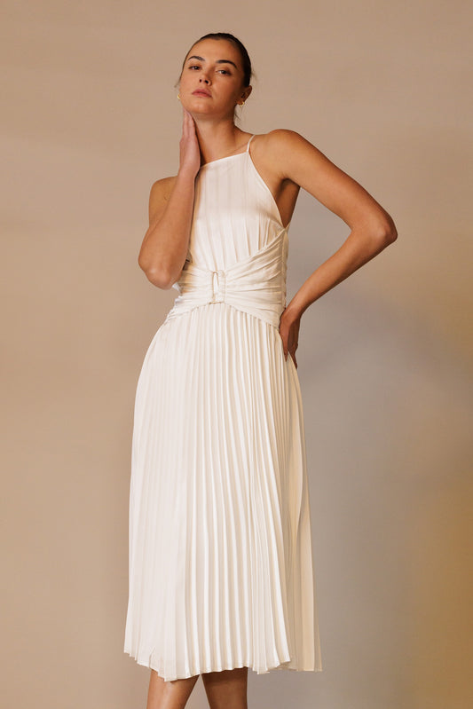 Frosted Pearl Corset Midi Dress featuring an apron neck, corset waist detail, and back tie in off white.