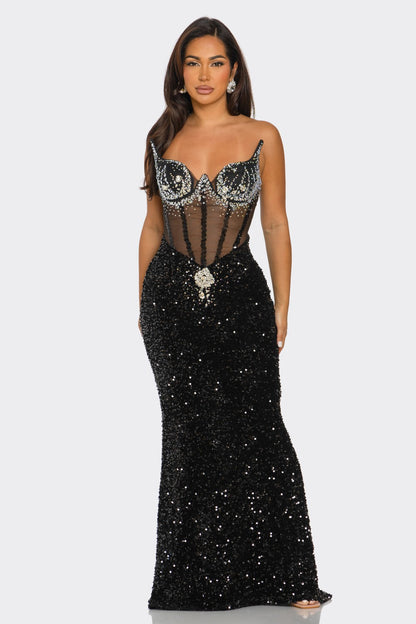 Gleaming Allure Rhinestone Maxi Dress in black with sparkling rhinestones and structured cups, ideal for formal events and galas.