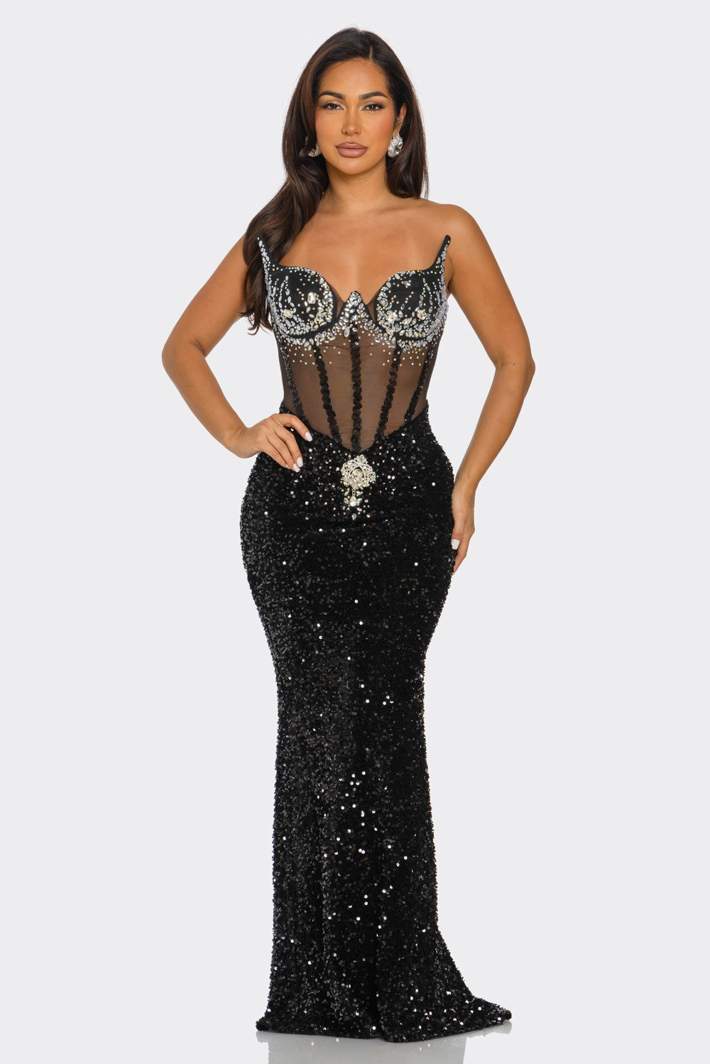 Gleaming Allure Rhinestone Maxi Dress in black with sparkling rhinestones and structured cups, ideal for formal events and galas.