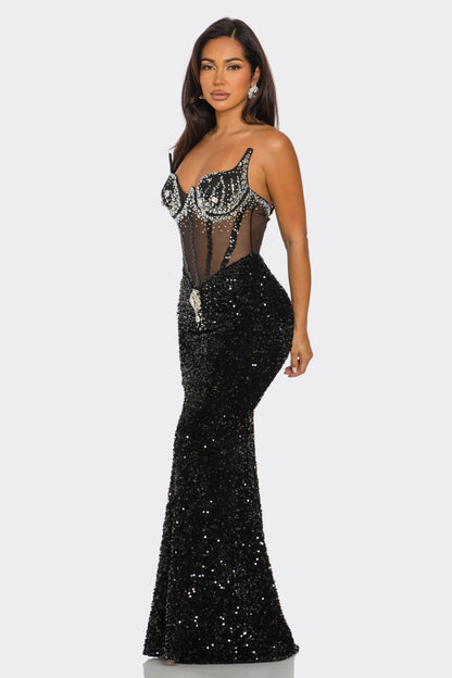 Gleaming Allure Rhinestone Maxi Dress in black with sparkling rhinestones and structured cups, ideal for formal events and galas.