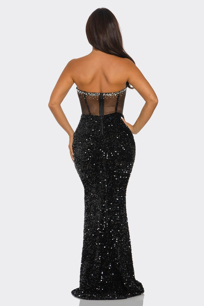 Gleaming Allure Rhinestone Maxi Dress in black with sparkling rhinestones and structured cups, ideal for formal events and galas.