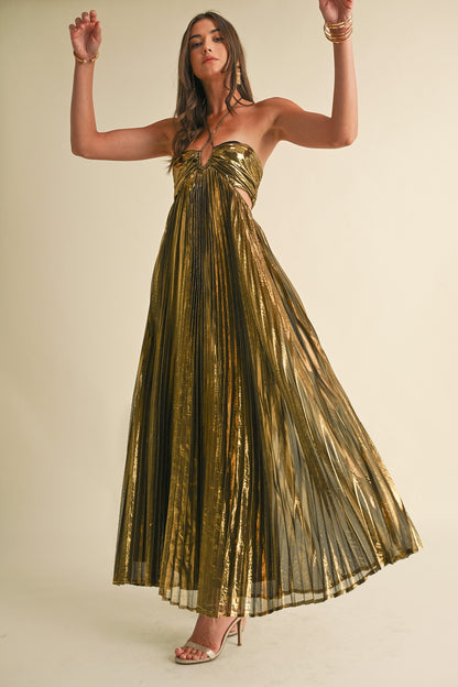 Golden Gleam Pleated Maxi Dress with all-over pleating, a halter neckline, and a luxurious metallic finish, in gold.