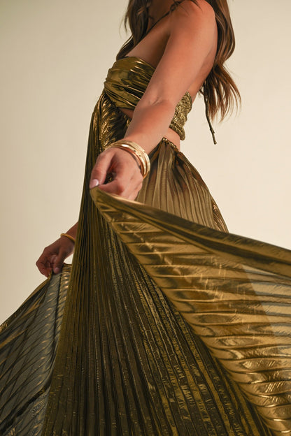 Golden Gleam Pleated Maxi Dress with all-over pleating, a halter neckline, and a luxurious metallic finish, in gold.