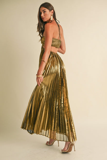 Golden Gleam Pleated Maxi Dress with all-over pleating, a halter neckline, and a luxurious metallic finish, in gold.