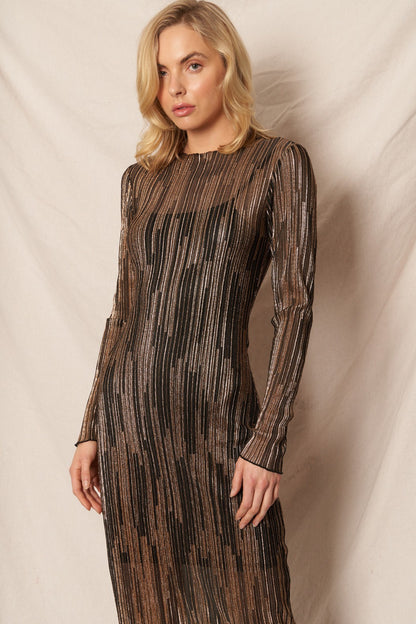 Golden Twilight Glitter Midi Dress with black and gold stripes, boat neckline, and 3/4 sleeves, ideal for holiday and formal occasions.