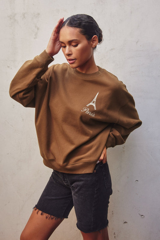 Model showcasing an oversized travel-inspired sweatshirt with embroidery in Brown and Navy colors, ideal for casual wear.