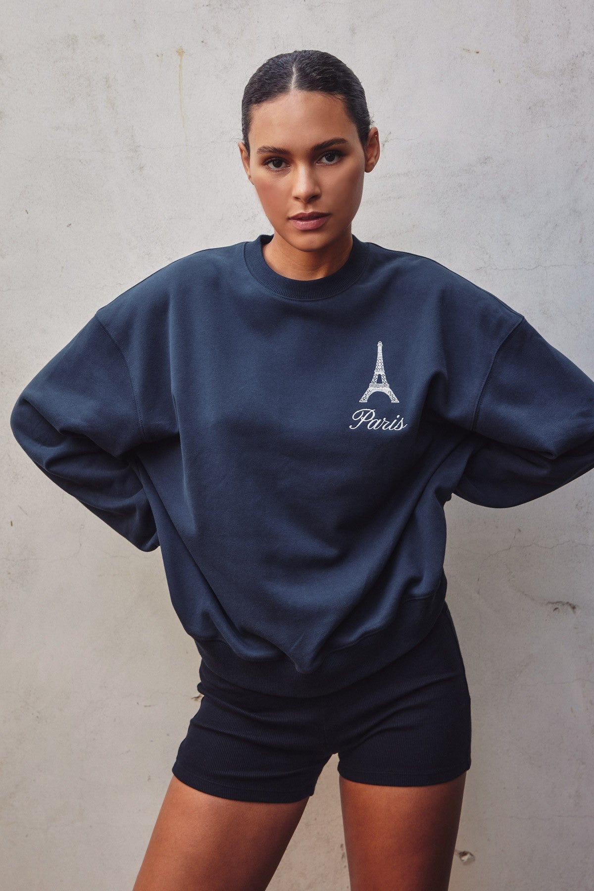 Model showcasing an oversized travel-inspired sweatshirt with embroidery in Brown and Navy colors, ideal for casual wear.