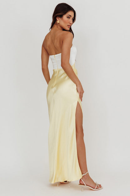 Lemon Glow Contrast Maxi Dress with tube top, side slit, and back zipper in lemon yellow.