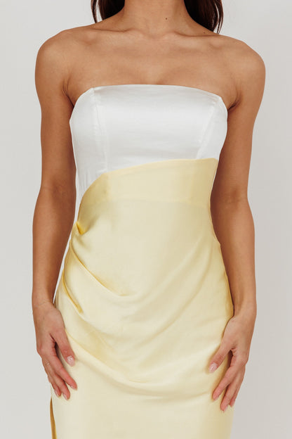 Lemon Glow Contrast Maxi Dress with tube top, side slit, and back zipper in lemon yellow.