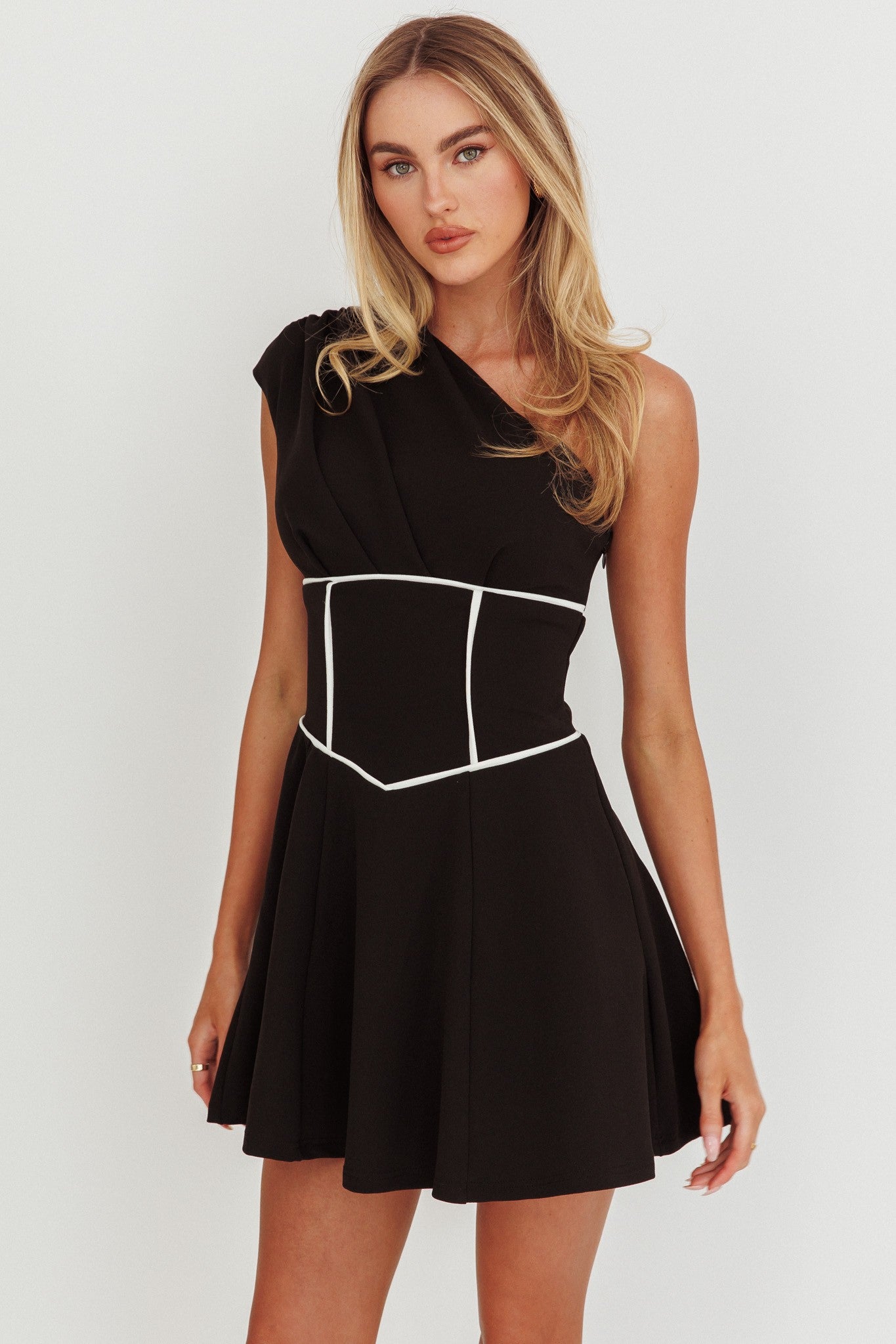 Maleficent Charm One-Shoulder Mini Dress, elegant asymmetrical black dress with contrast color.