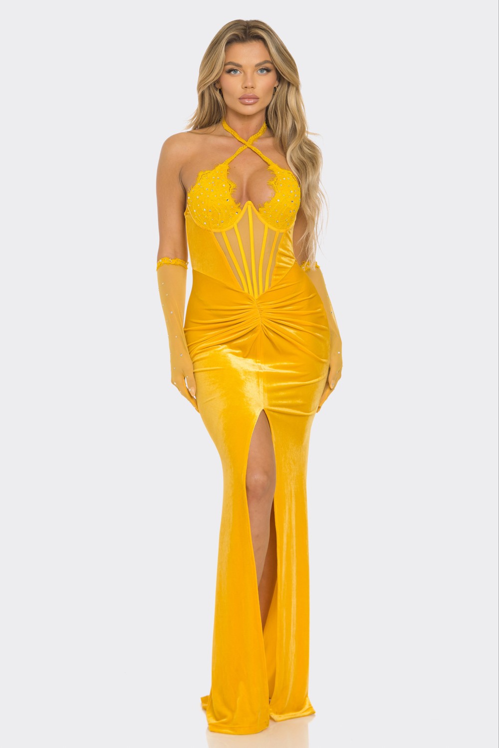 Mari Gold Velvet Rhinestone Dress with lace mesh corset, criss-cross halter neck, and high front slit, ideal for evening galas and formal events