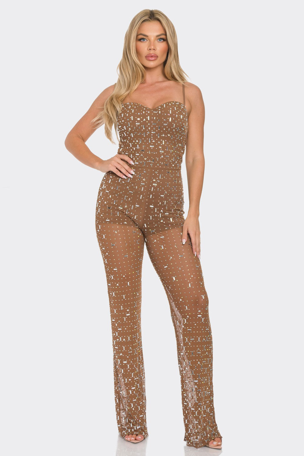 Marrone Rhinestone Jumpsuit in brown with rhinestone embellishments and sheer mesh panels, perfect for cocktail parties and evening events.